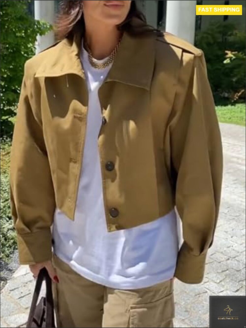 Cropped Pleated Trench Jacket Long Sleeve Button Down Casual Short Coat - Picture 2 of 7